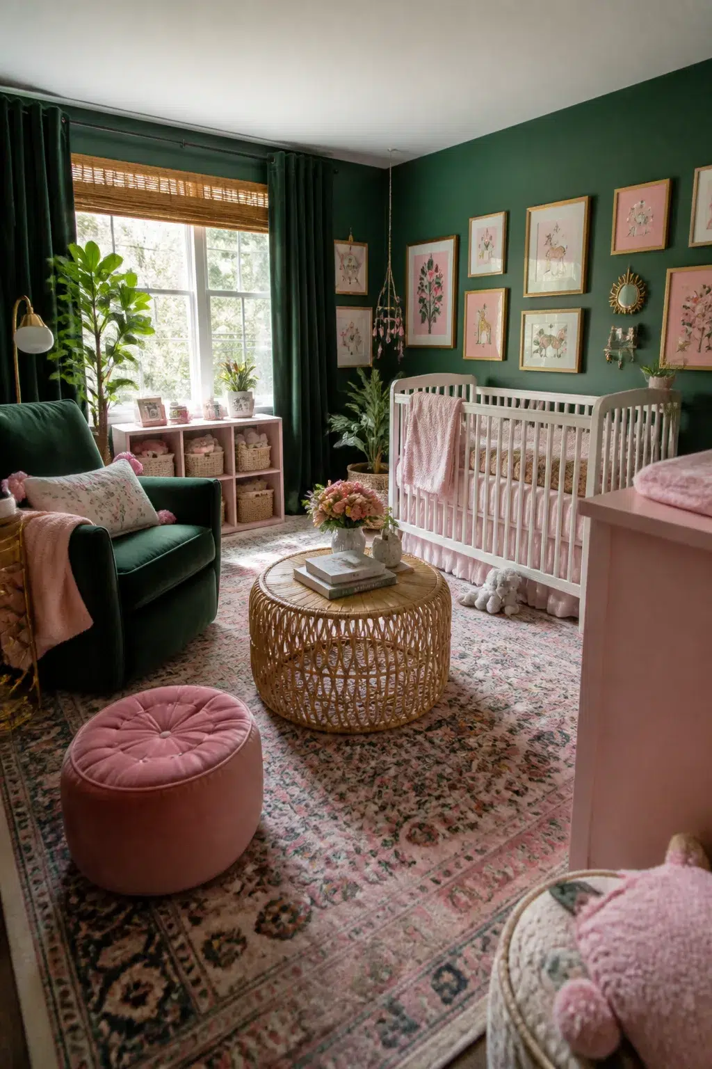 Green and pink nursery design with emerald walls, velvet ottoman, rattan coffee table, and blush crib bedding