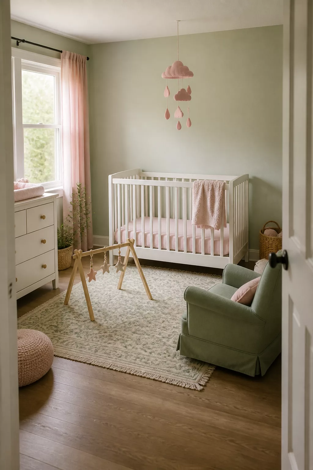 Soft green and pink nursery designs with felt cloud mobile, white crib, sage glider, and blush curtains