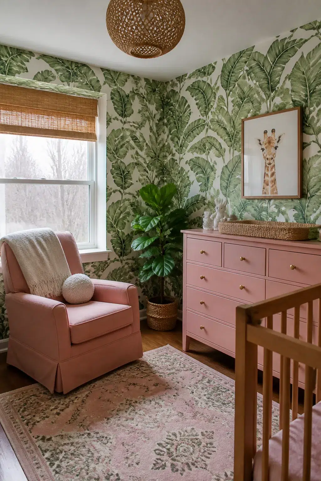 Green and pink nursery design with tropical leaf wallpaper, dusty rose dresser, brass hardware, and rattan pendant light