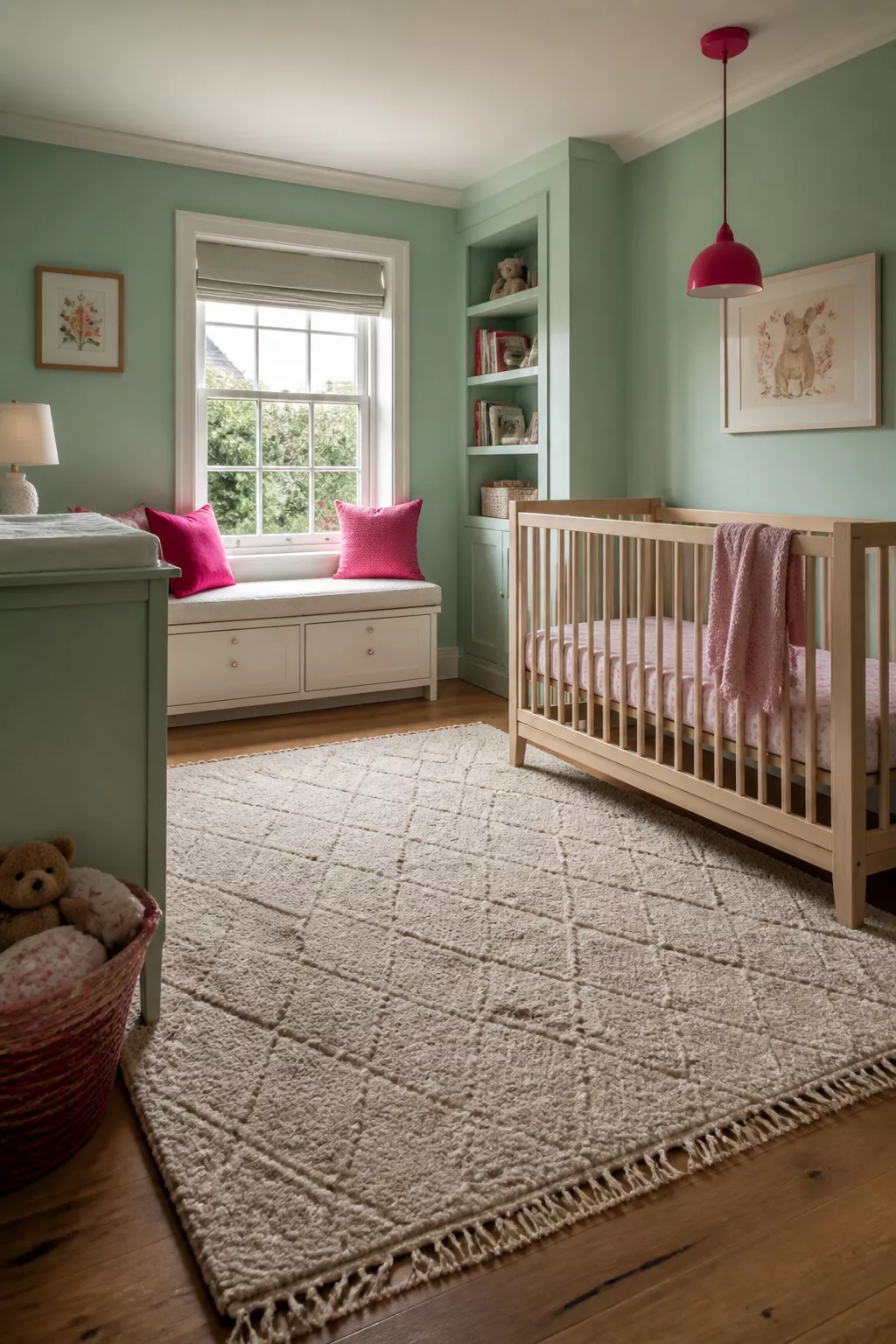 Mint green and pink nursery with hot pink pendant light, wood crib, and cream rug — Green and Pink Nursery Designs