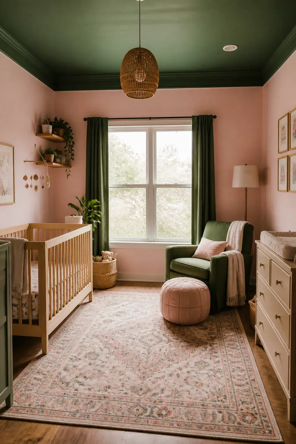 Forest green ceiling with blush pink walls in a soft green and pink nursery design featuring a velvet glider