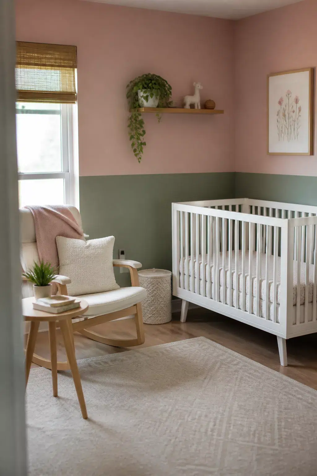 Green and pink nursery designs featuring sage color block lower walls with mauve upper walls, white crib, and wood rocker.