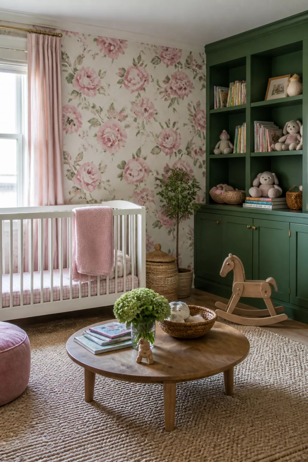 Green and pink nursery design with large floral wallpaper, dark green built-in shelving, white crib, and jute rug