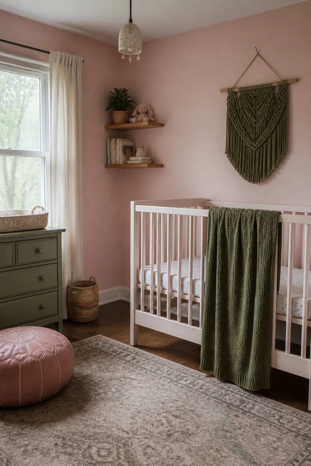 Dusty pink and olive green nursery design with white crib, knit blanket, macramé wall hanging, and sage dresser.