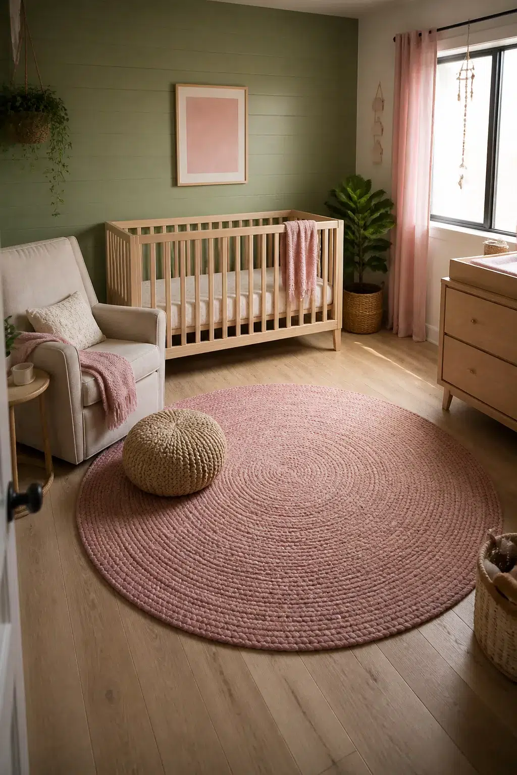 Green and pink nursery design with sage shiplap wall, round dusty pink braided rug, natural wood crib and glider