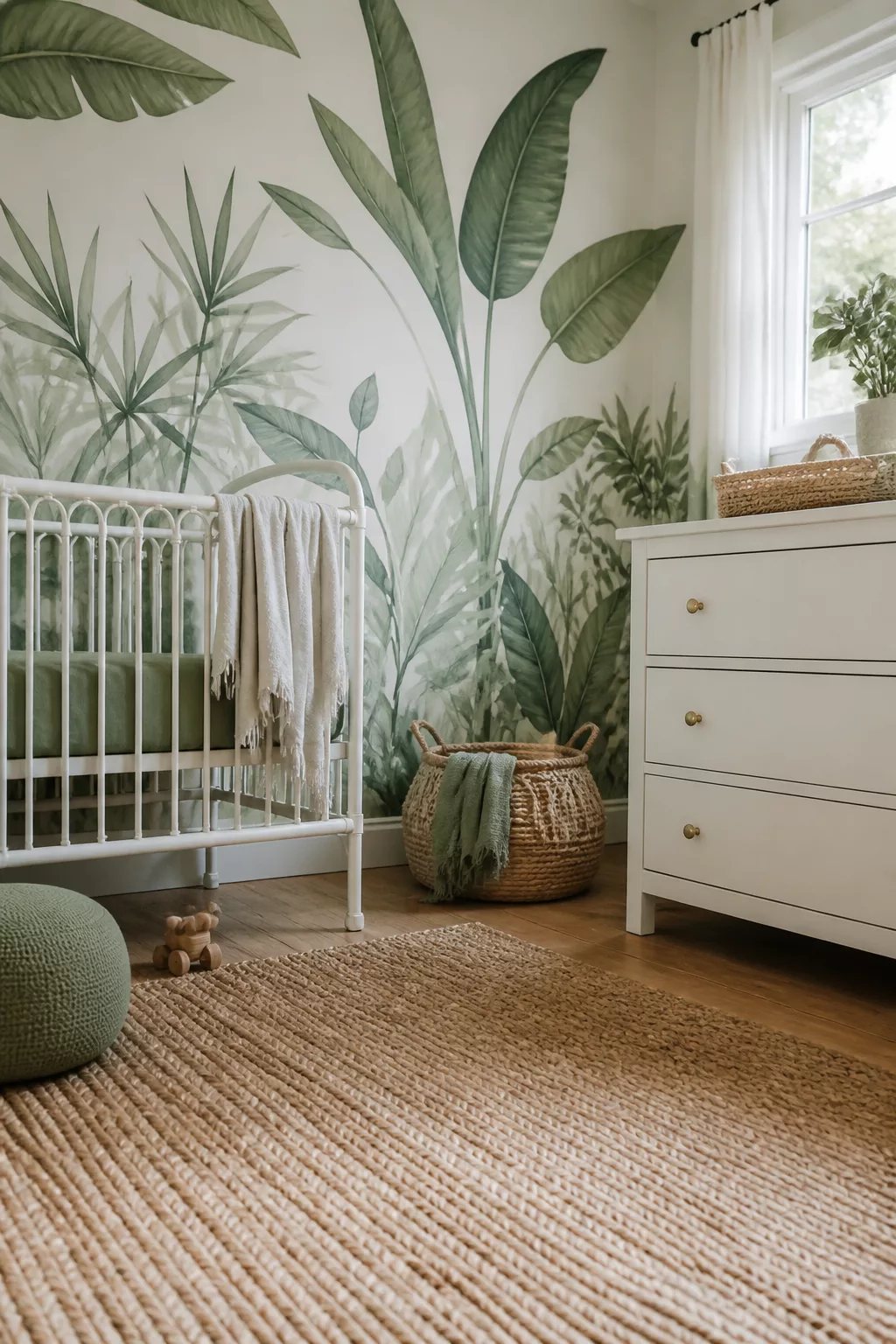 Green and white nursery design with tropical leaf mural, white iron crib, jute rug, and woven baskets.