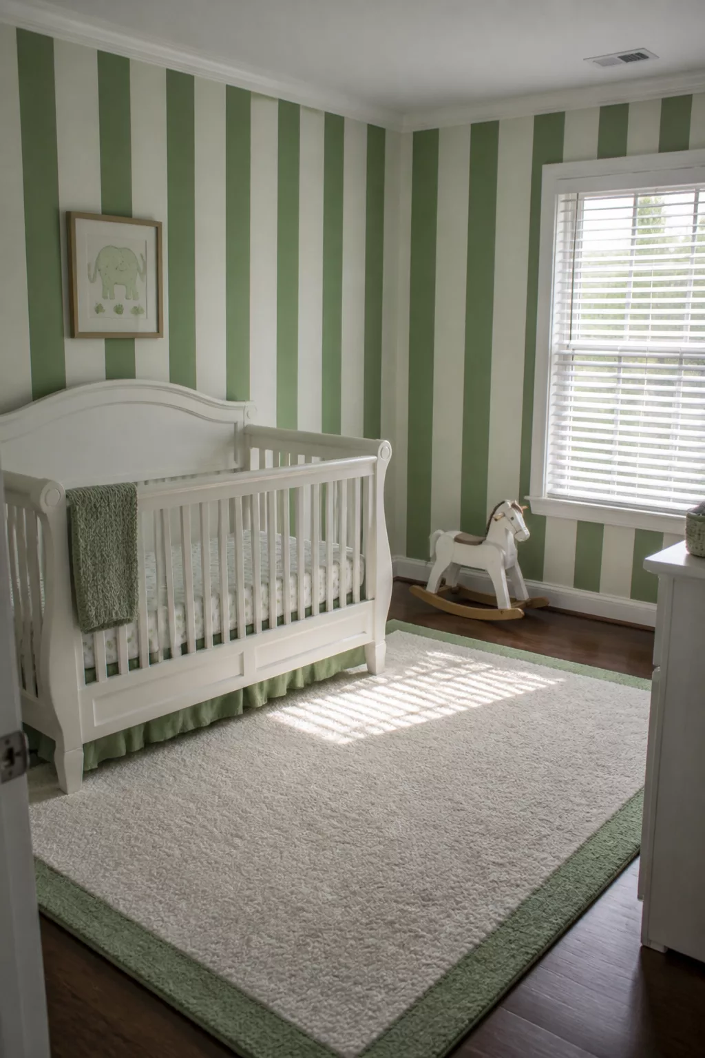Sage green and white vertical stripe walls in a classic green and white nursery with white crib and shag rug.