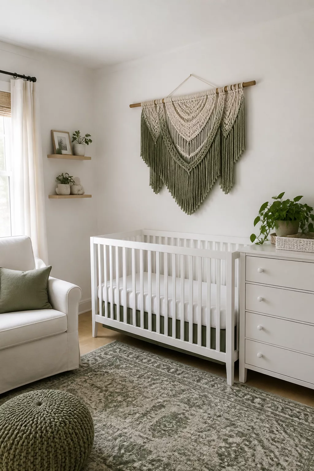 Green and white nursery with two-tone sage and cream macrame wall art above a white spindle crib
