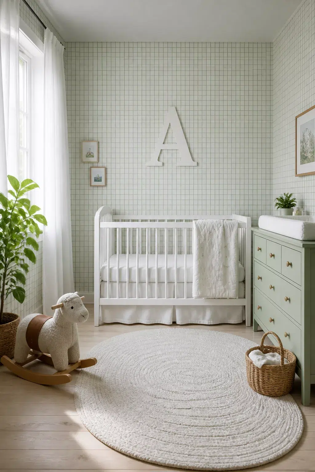 Green and white nursery design featuring soft grid wallpaper, white crib, sage dresser, and monogram letter above the crib.