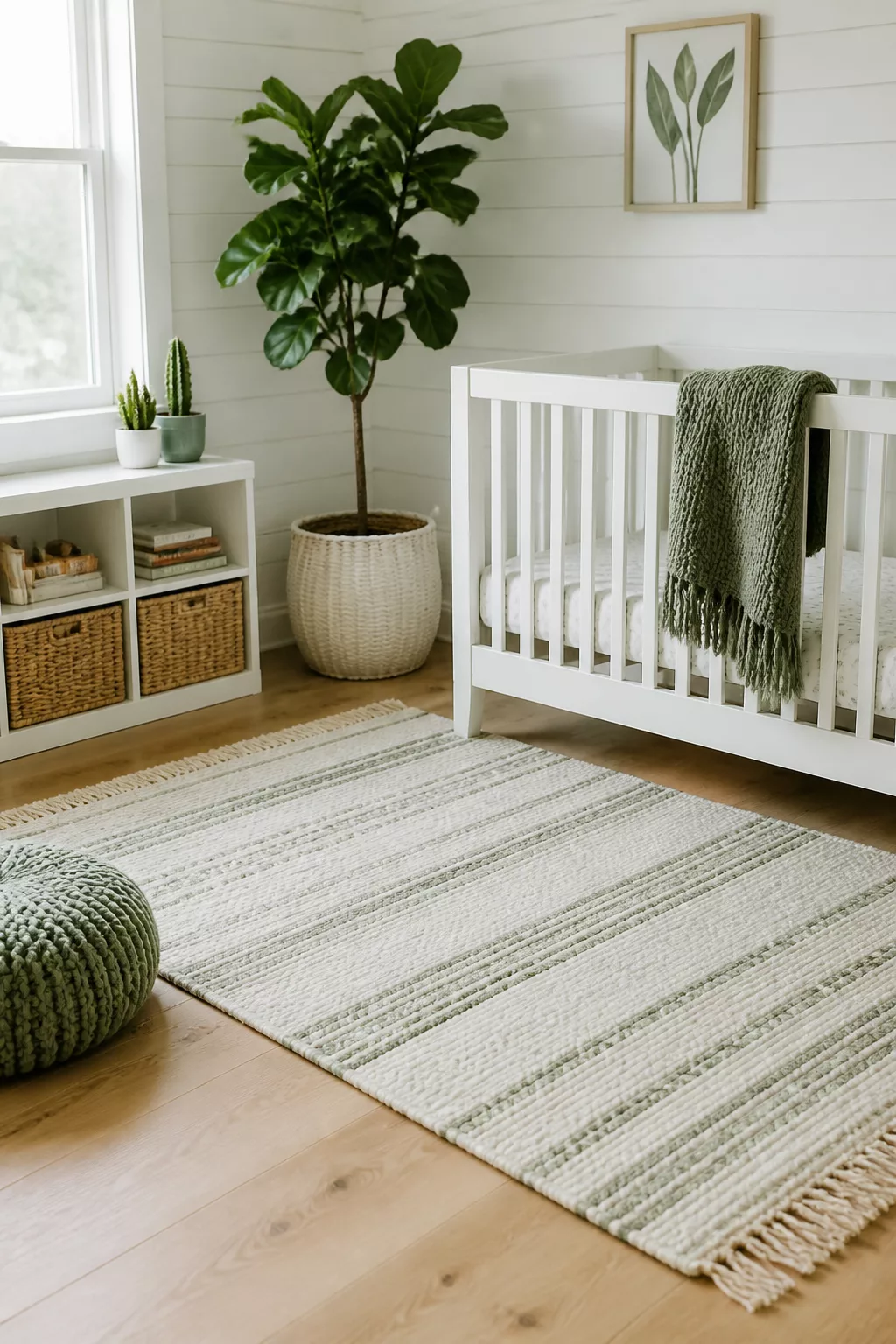 White shiplap nursery with fiddle leaf fig, white crib, and sage striped rug — green and white nursery designs