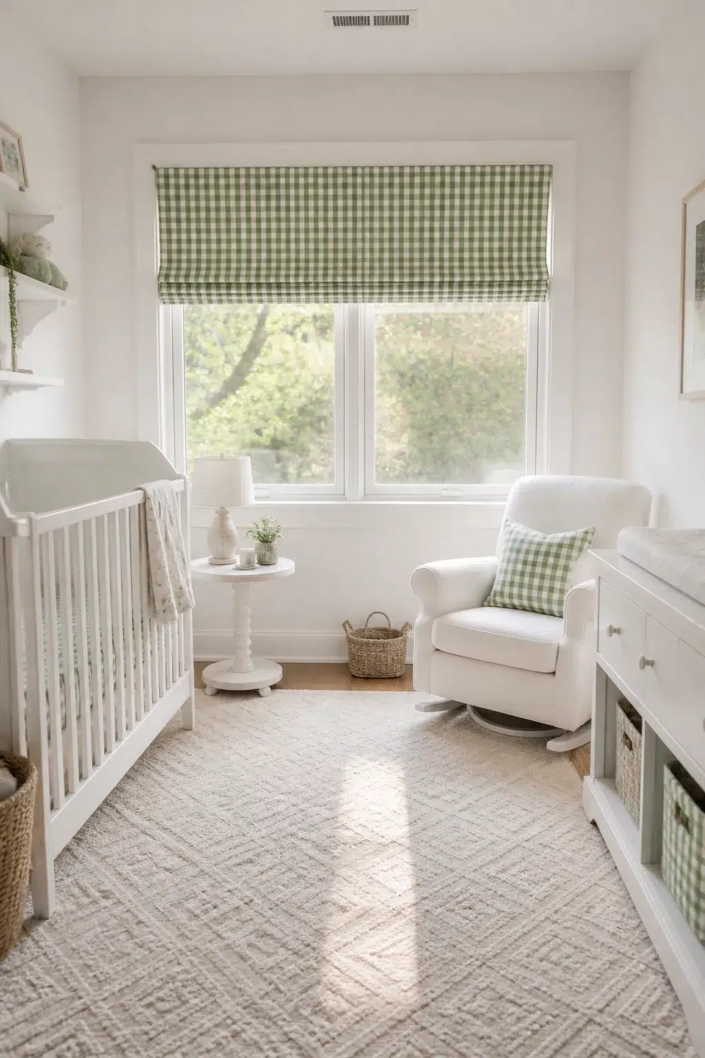 Green gingham Roman shade and white glider in a green and white nursery design with soft natural light.