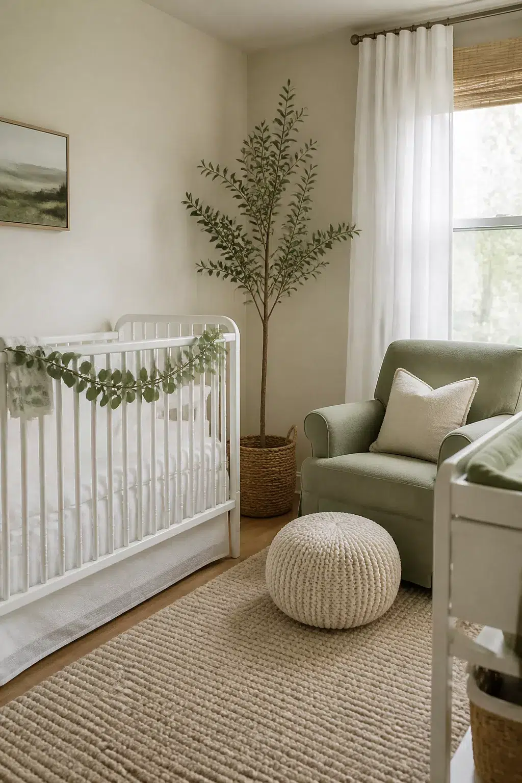 Green and white nursery with a tall faux olive tree, white iron crib, sage glider, and jute rug.