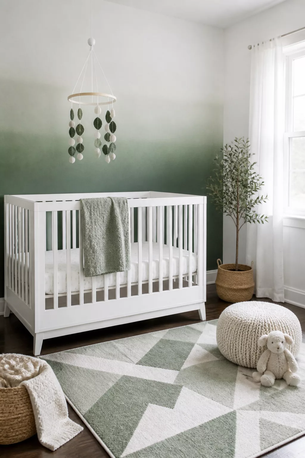 Green and white nursery with sage ombre accent wall, white crib, felt mobile, and geometric rug