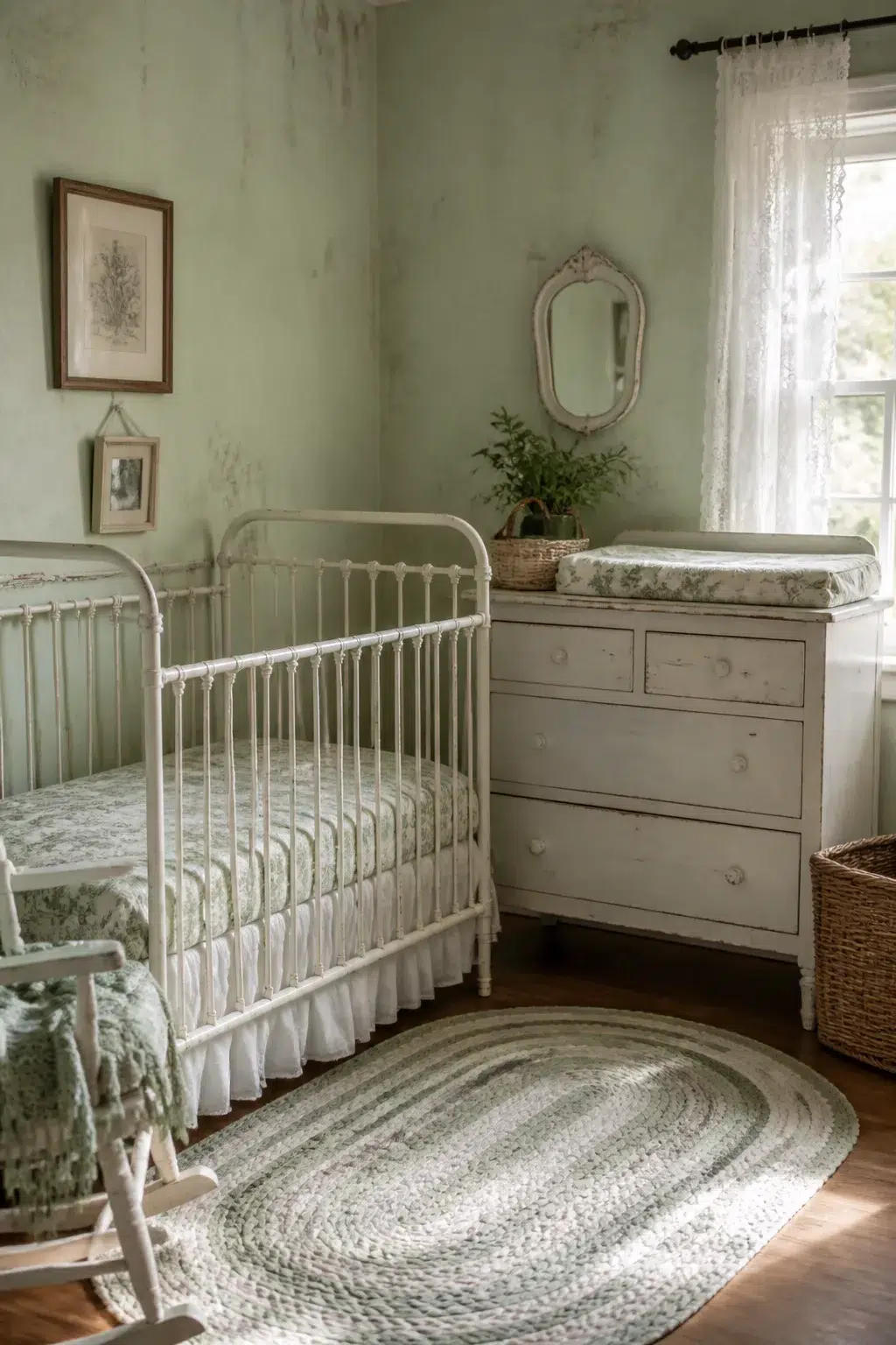 Vintage green and white nursery designs with white iron crib, braided rug, and sage chippy dresser.