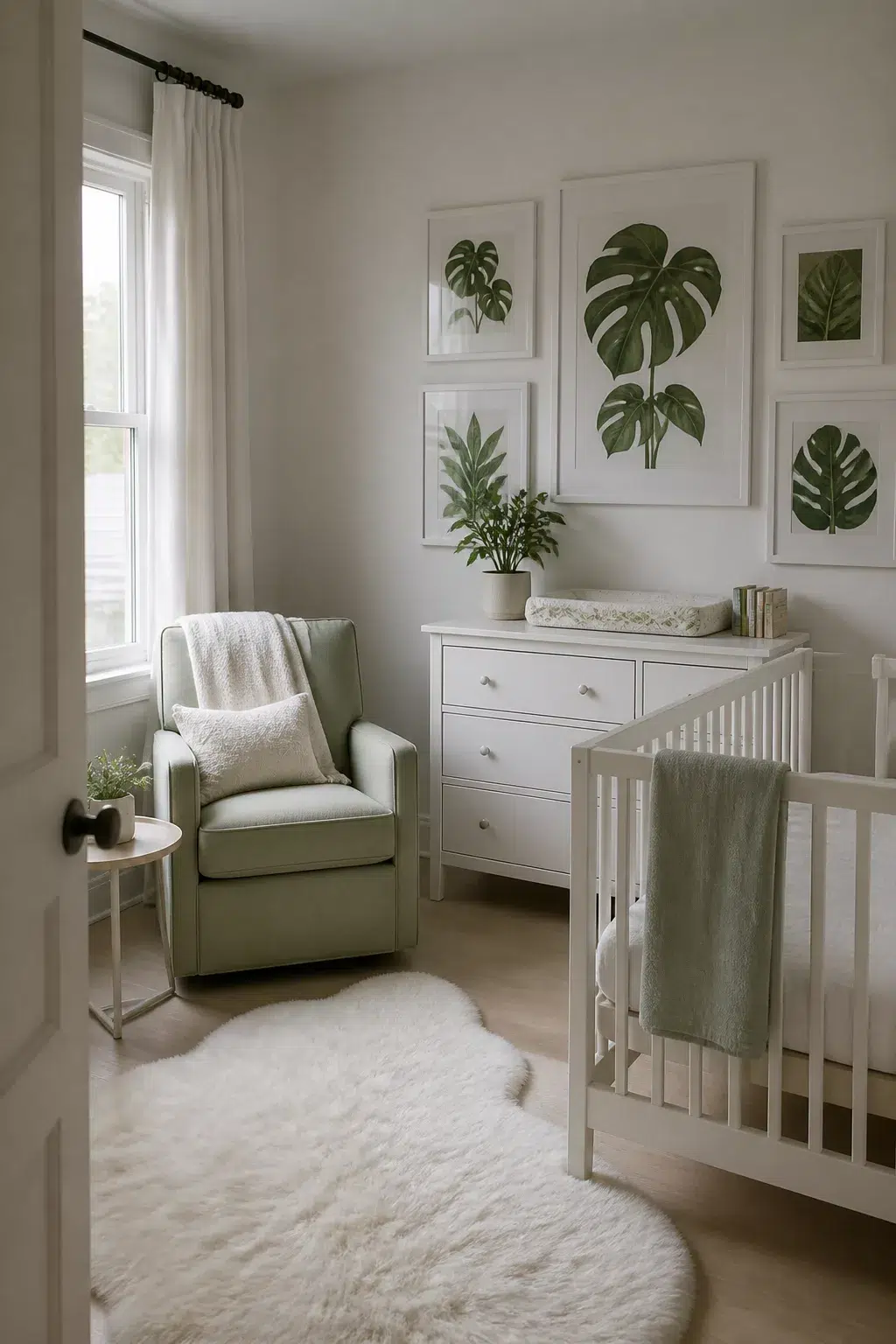 Green and white nursery designs with framed botanical leaf prints, sage glider, white crib, and dresser.