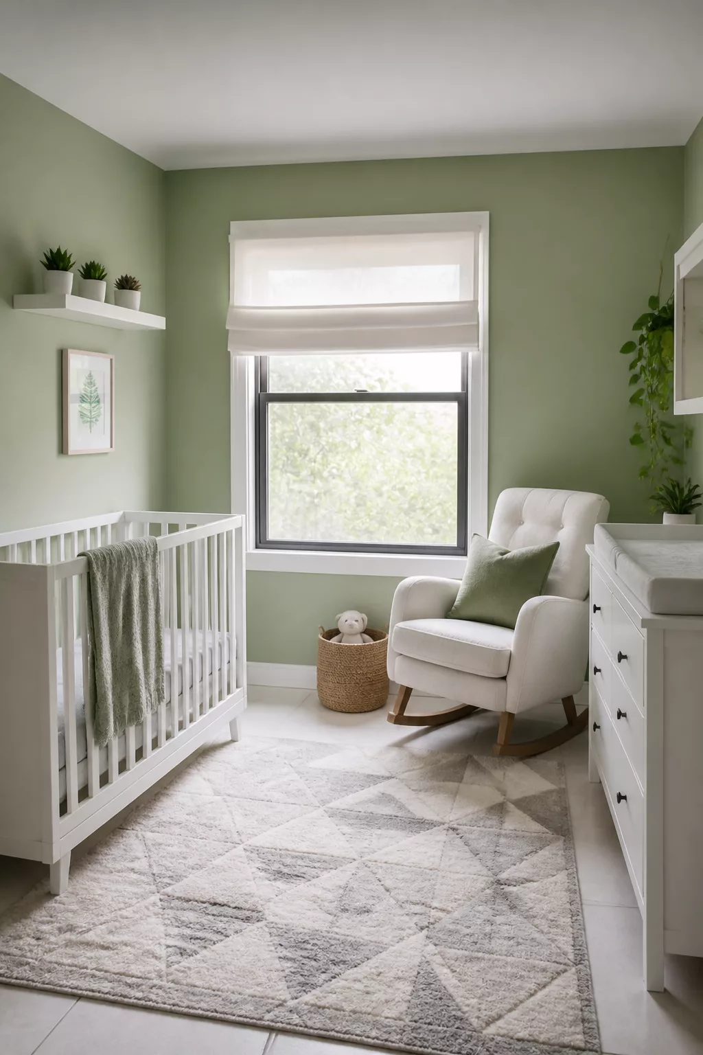 Sage green and white nursery designs with geometric rug, white crib, rocking chair, and natural light window.