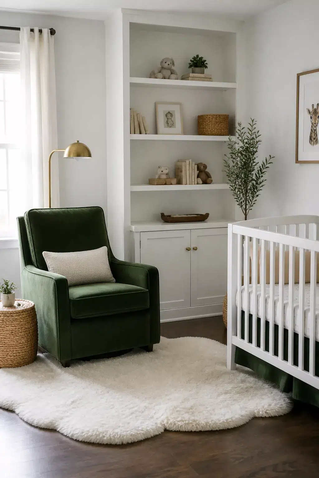 Hunter green velvet glider with cream shearling rug in a green and white nursery design featuring white built-ins.