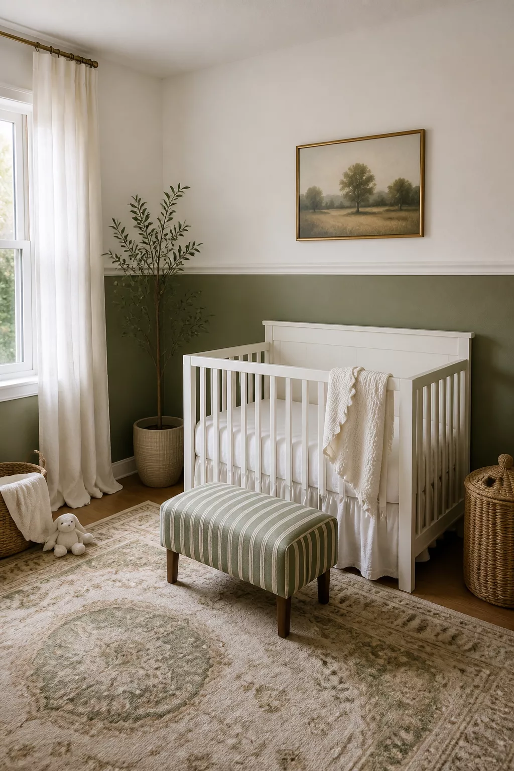Two-tone sage green and white painted nursery walls with white crib and striped bench — green and white nursery design