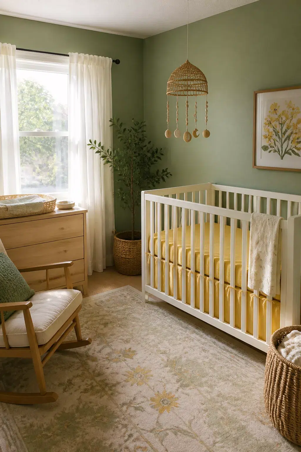 Sage green and yellow nursery ideas with lemon crib bedding, white crib, and natural wood furniture.