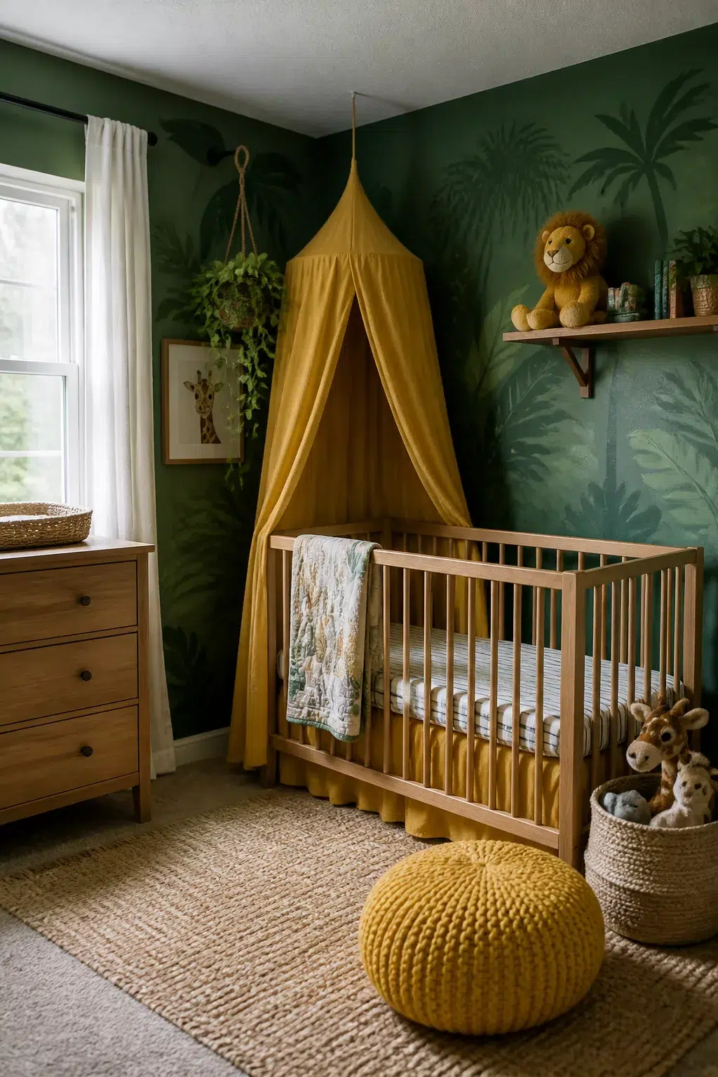 Green and yellow nursery ideas with tropical wallpaper, mustard canopy over wood crib, jute rug and knit pouf