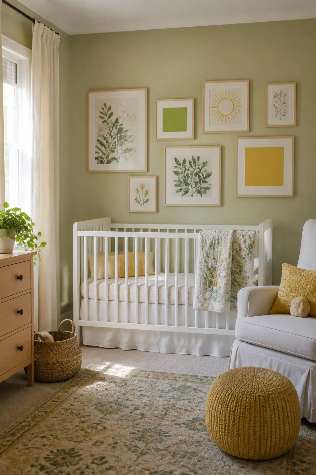 Green and yellow nursery ideas with botanical gallery wall, sage walls, white crib, and mustard pouf accent