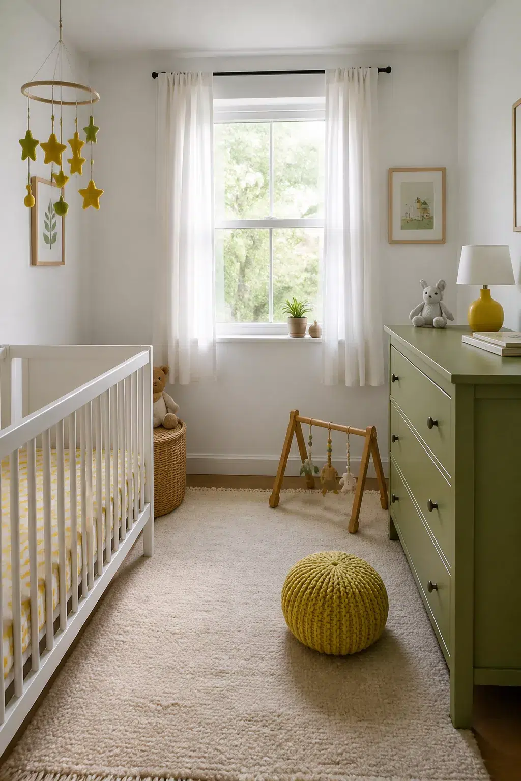 Green and yellow nursery ideas featuring a sage green dresser, white crib, yellow knit pouf, and star mobile.