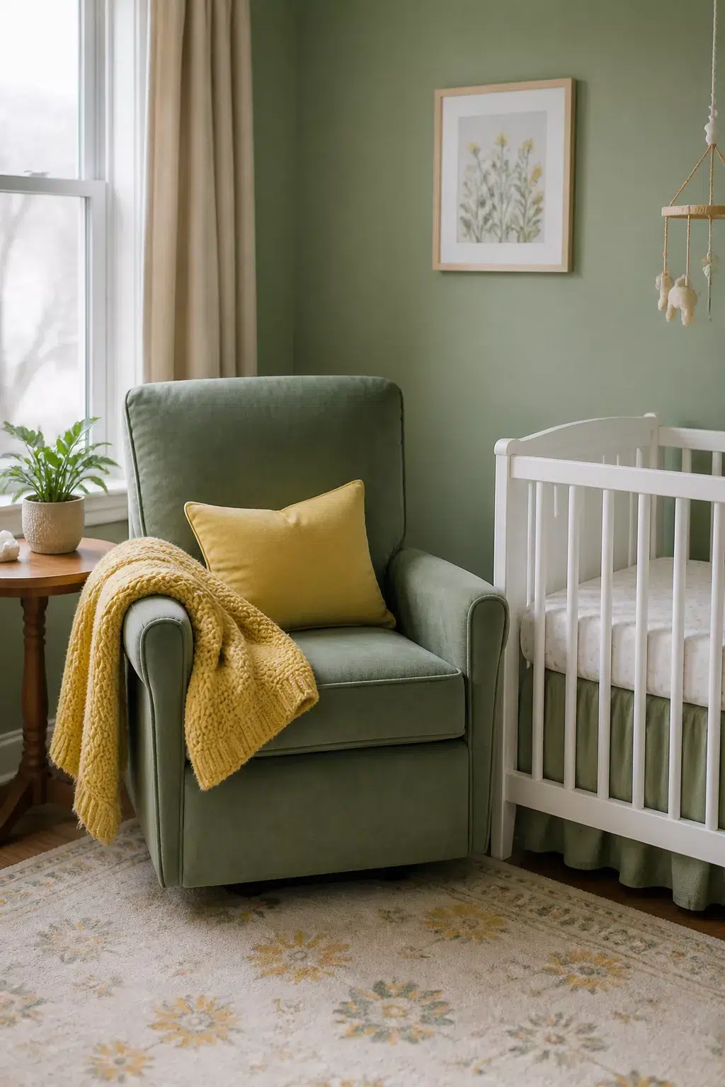 Green velvet glider with yellow throw and pillow in a sage green nursery — green and yellow nursery ideas