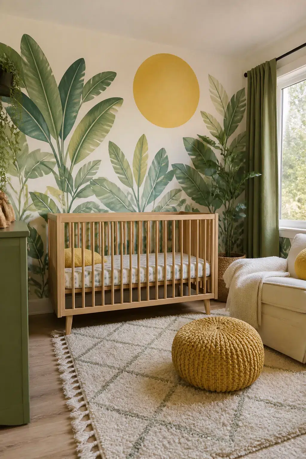 Green and yellow nursery ideas with tropical banana leaf mural, mustard sun circle, and natural wood crib