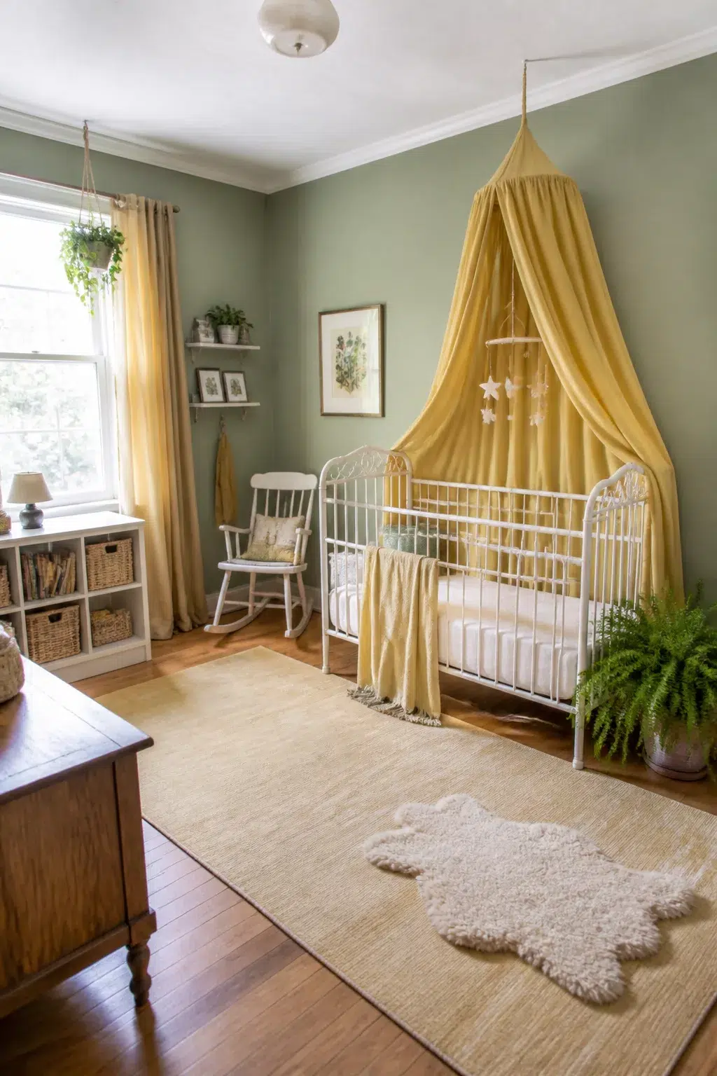 Green and yellow nursery ideas featuring sage walls, a butter yellow canopy over a white iron crib, and natural wood floors.