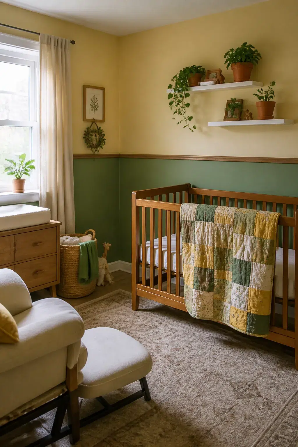 Green and yellow nursery ideas with two-tone sage and butter walls, terracotta pots, and a patchwork quilt on a wood crib.