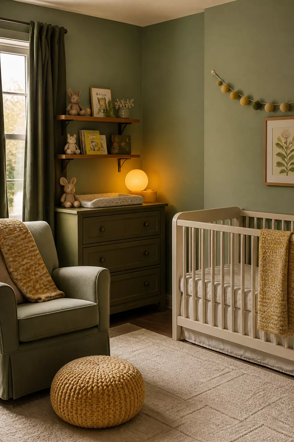 Green and yellow nursery ideas featuring sage walls, dark olive dresser, and warm amber globe lamp glow