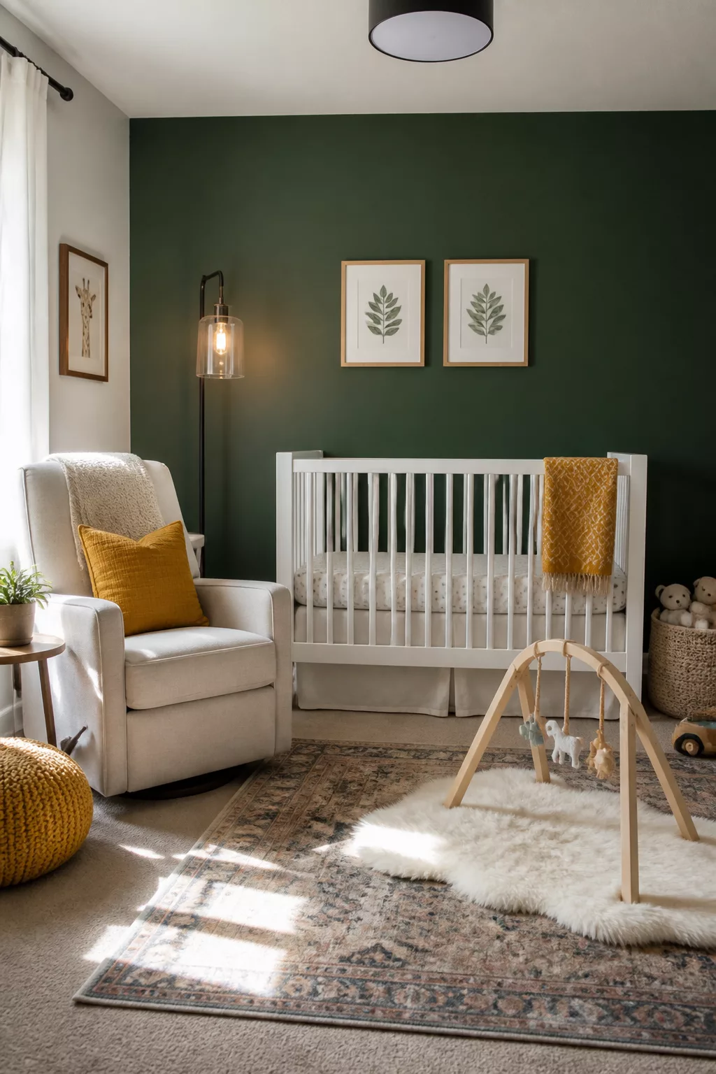 Forest green accent wall nursery with white crib, mustard yellow throw, and botanical prints — green and yellow nursery ideas