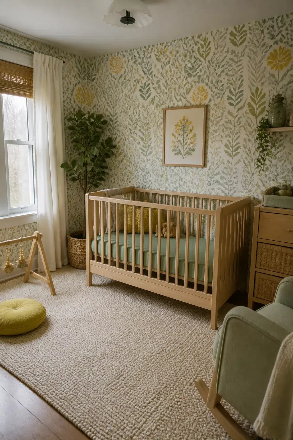 Botanical block-print wallpaper in sage green and yellow with wood crib — green and yellow nursery ideas