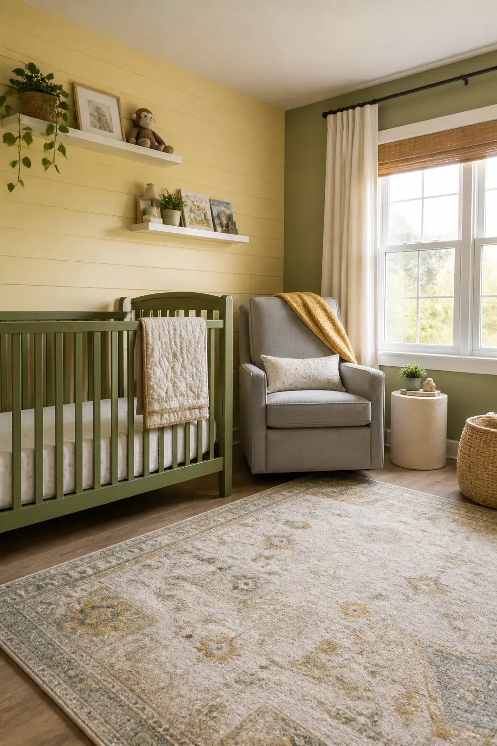 Green and yellow nursery ideas with yellow shiplap accent wall, olive green crib, and gray glider by window