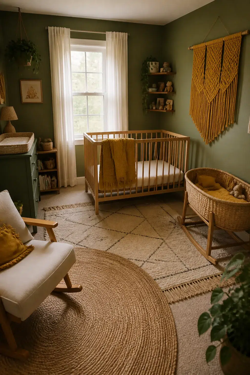 Olive green nursery with golden yellow macramé wall hanging, layered rugs, and wicker bassinet — Green and Yellow Nursery Ideas