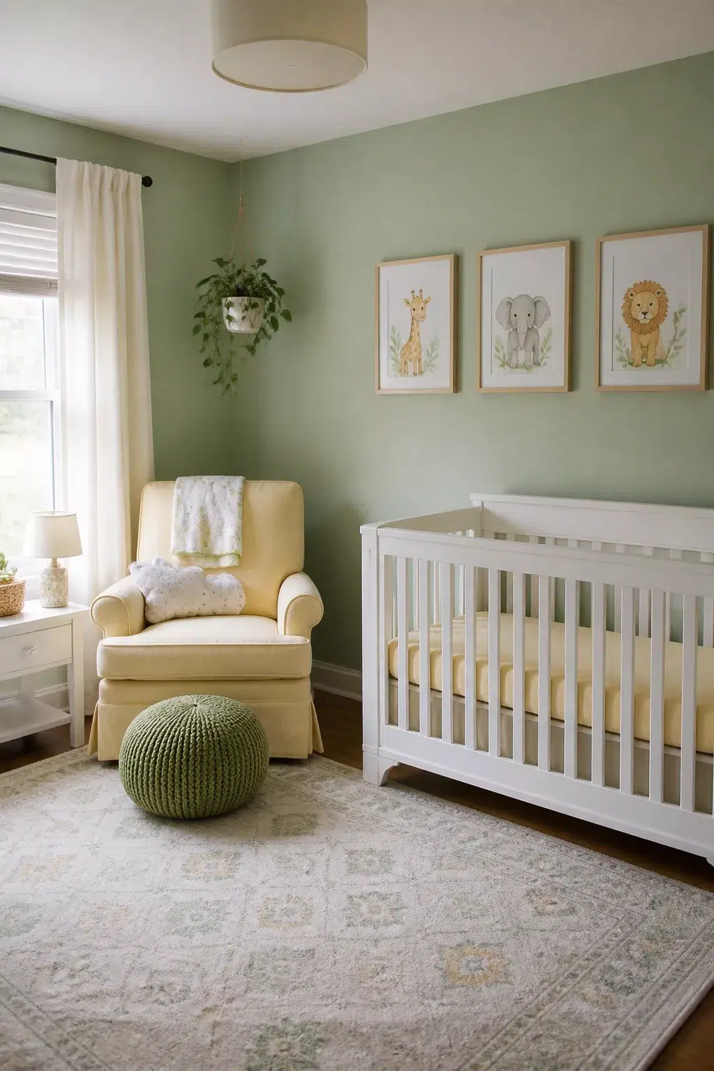 Green and yellow nursery ideas with mint walls, pastel yellow glider, white crib, and safari animal art prints.