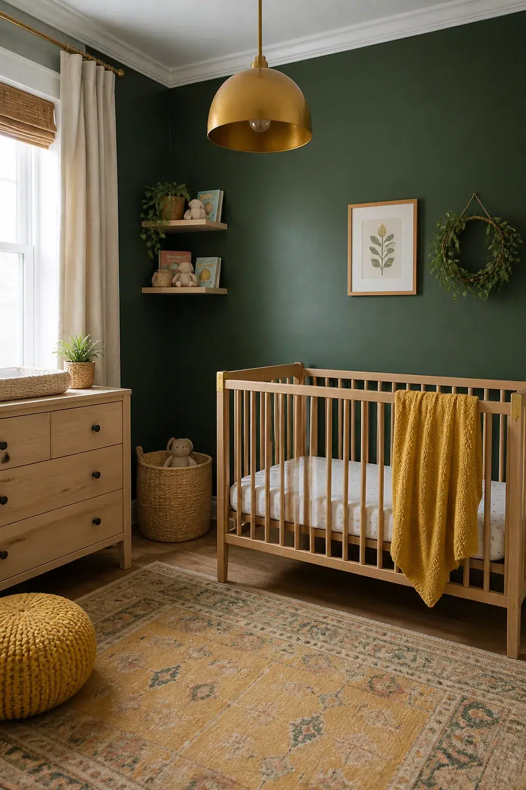 Dark green and yellow nursery ideas with brass pendant light, wood crib, and mustard throw blanket