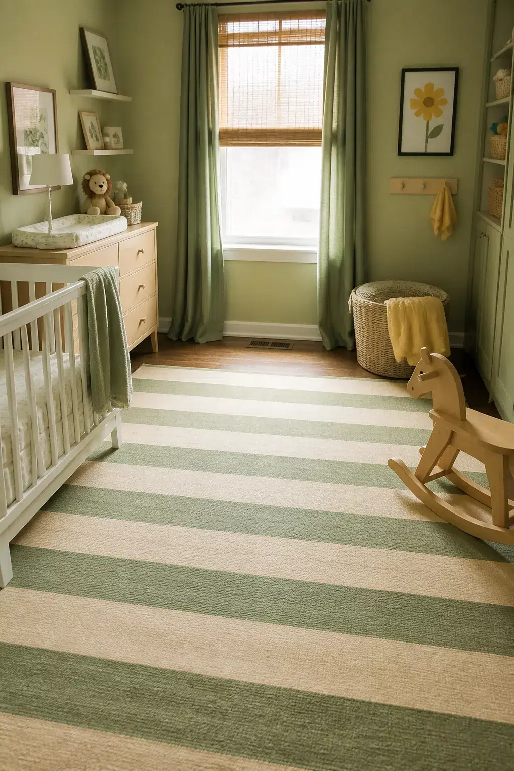 Sage and cream striped rug in a green and yellow nursery with white crib and wooden rocking horse