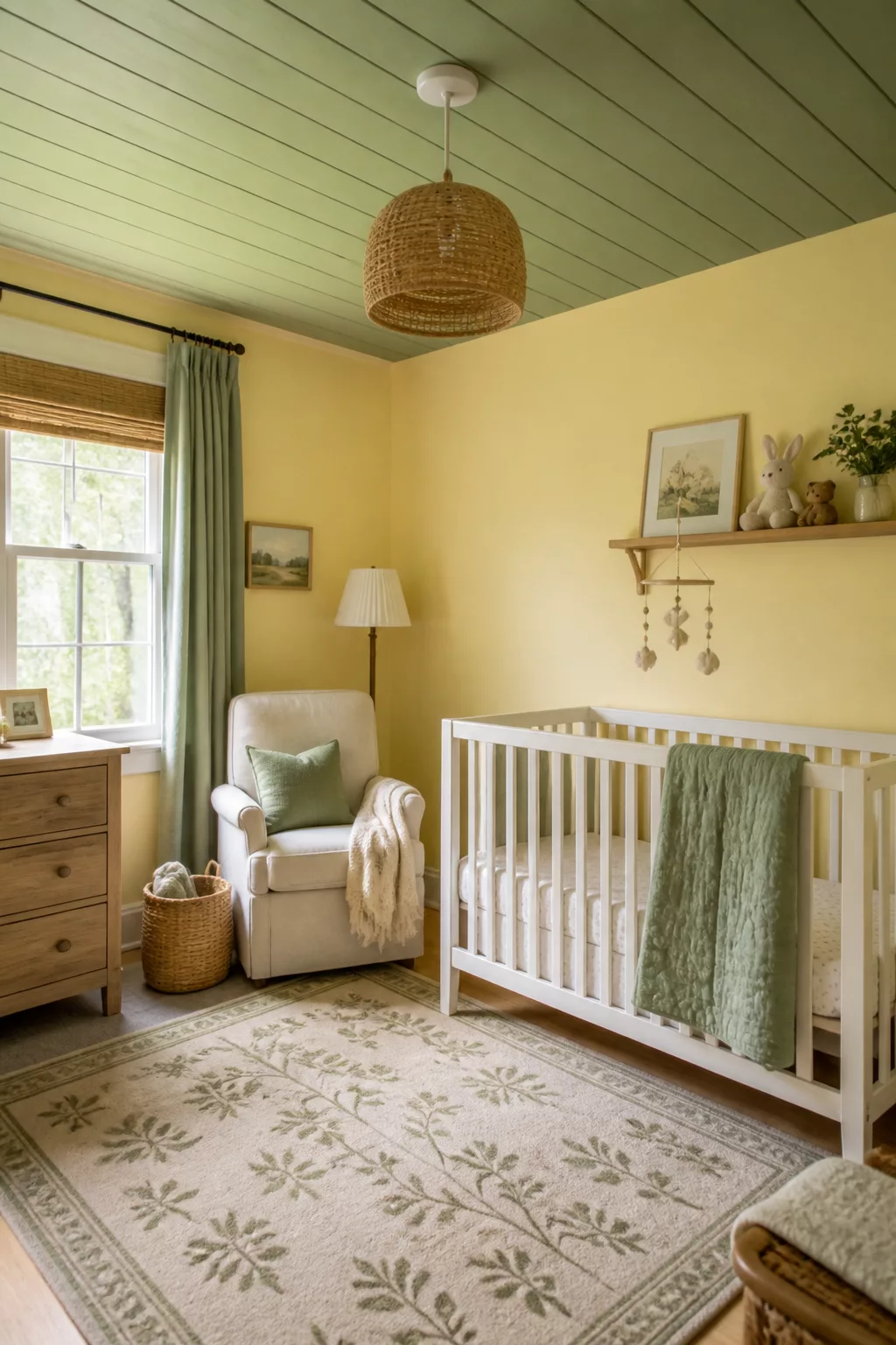 Green and yellow nursery ideas featuring a sage shiplap ceiling, soft yellow walls, white crib, and woven pendant light