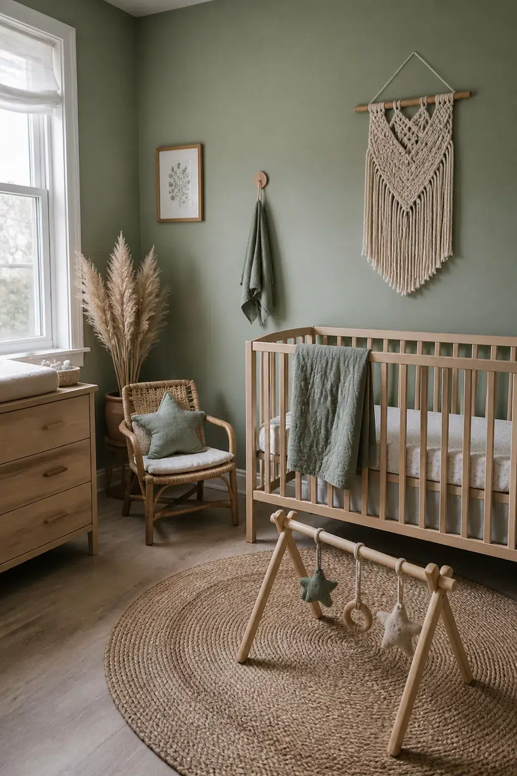 Sage green nursery with macramé wall hanging, wood crib, rattan chair, and jute rug — green nursery ideas