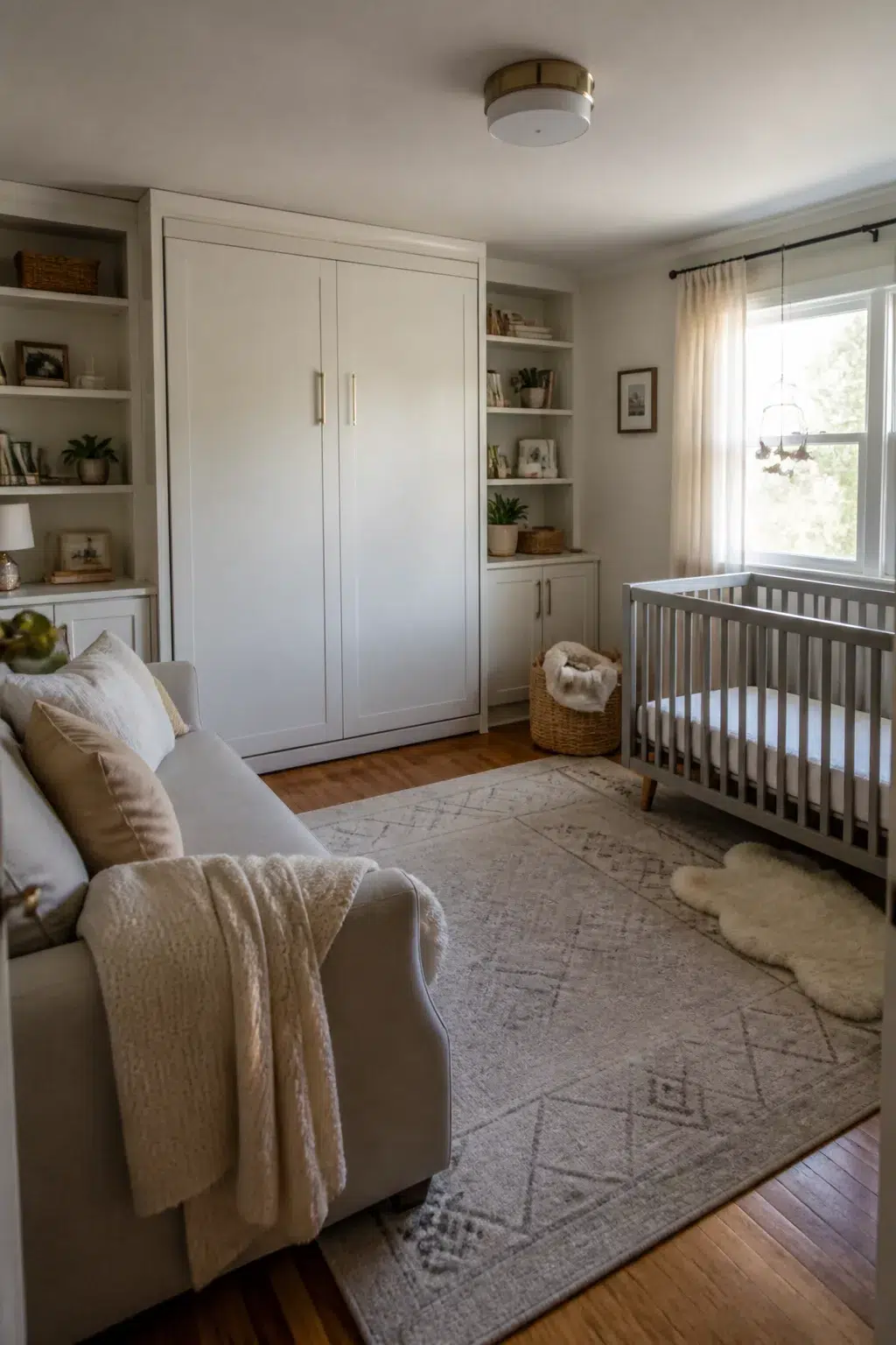 Murphy bed cabinet with built-in shelves in a guest room and nursery combo with gray crib and hardwood floors