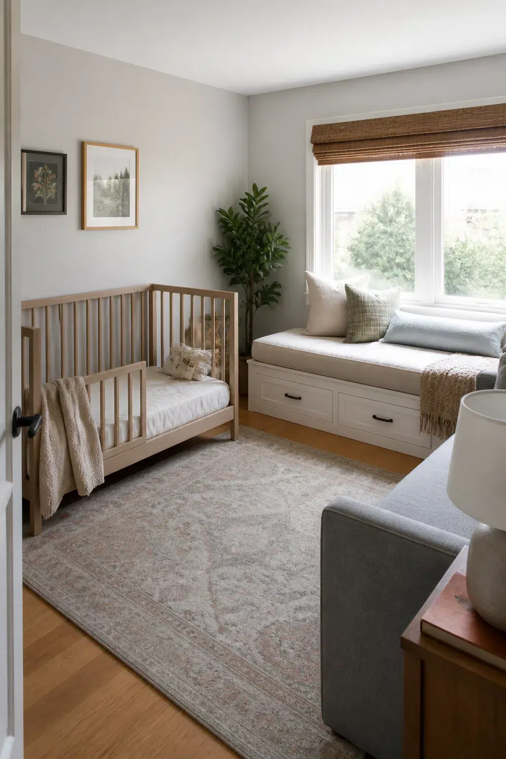 Guest room and nursery combo ideas with convertible crib, window seat storage, and neutral tones