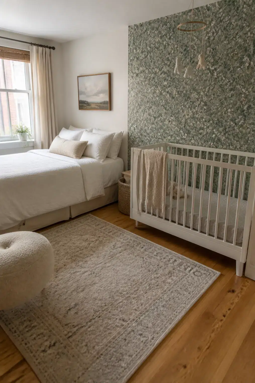 Guest room and nursery combo ideas with botanical wallpaper accent wall, white crib, and shared area rug on hardwood floor.