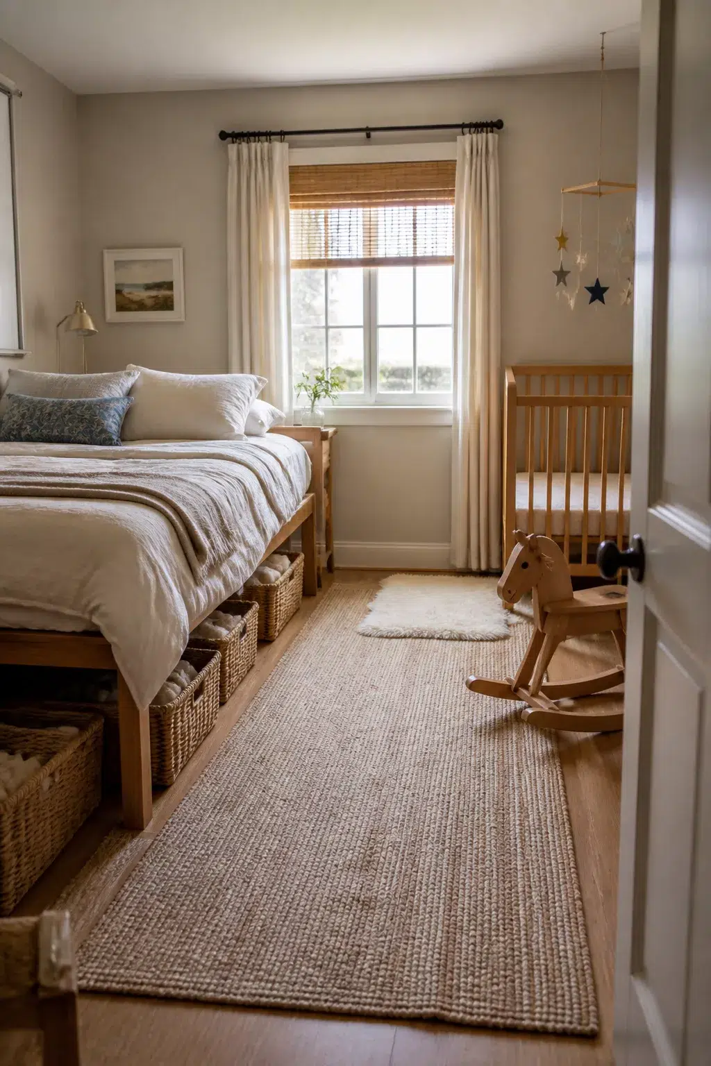 Guest room and nursery combo idea with wicker under-bed storage, natural wood crib, and jute runner.