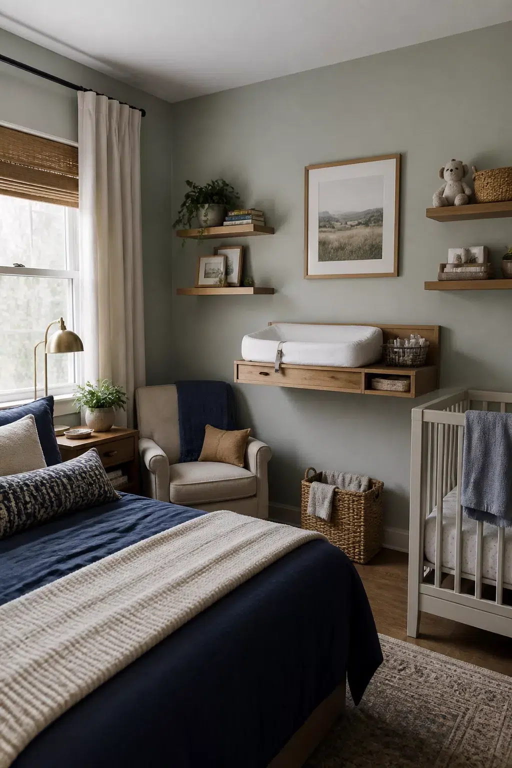 Guest room and nursery combo idea with navy bedding, wall-mounted wood changing station, and gray-green walls