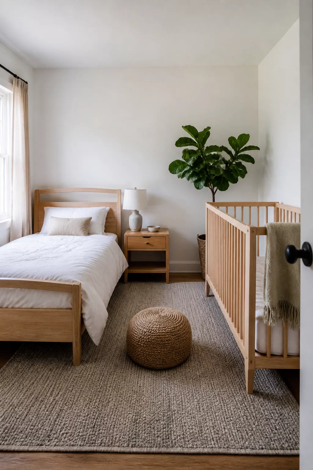 Light oak crib and guest bed with jute pouf — Scandi minimal guest room and nursery combo ideas