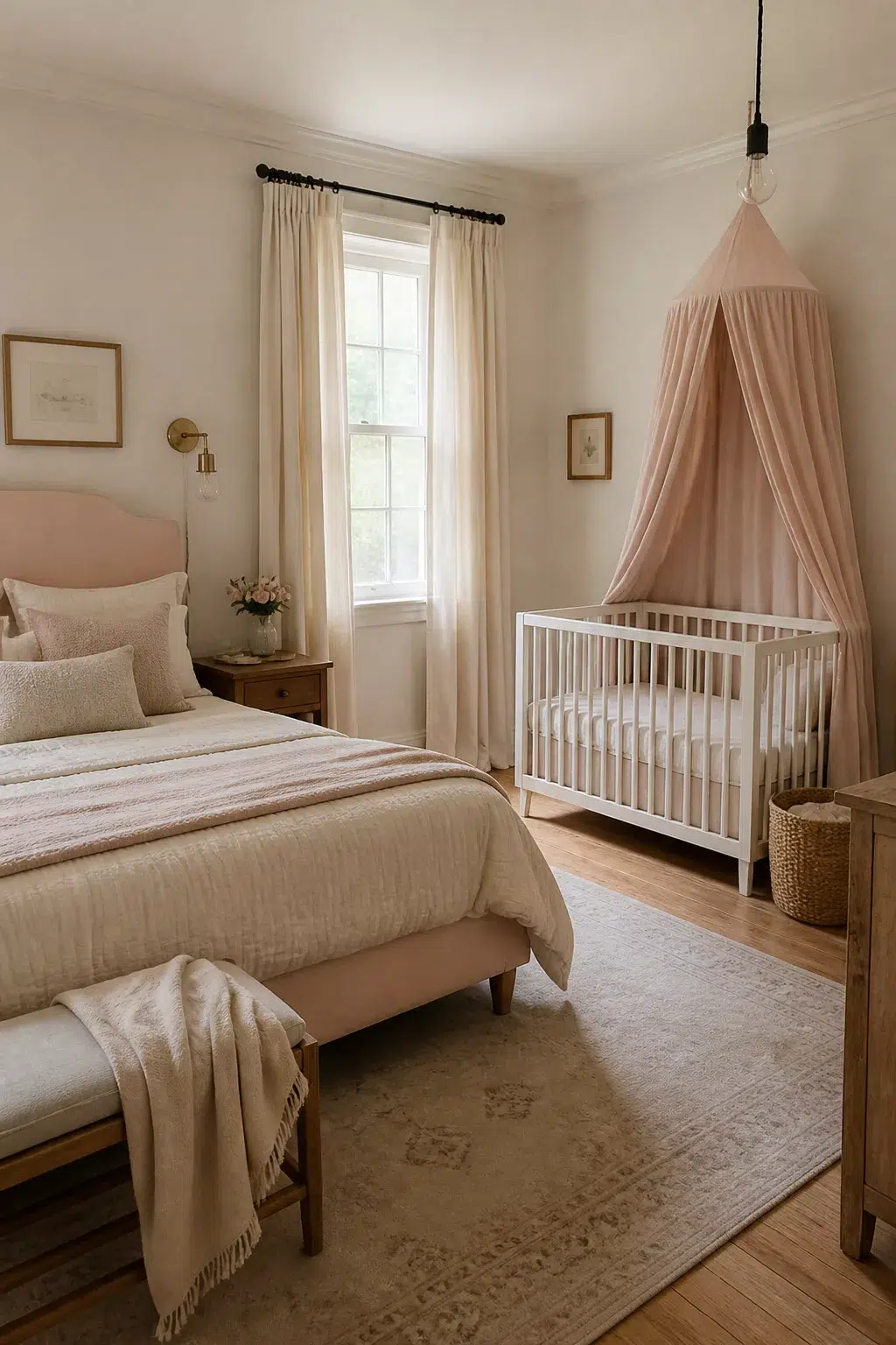Blush canopy crib and pink upholstered headboard in a soft guest room and nursery combo idea