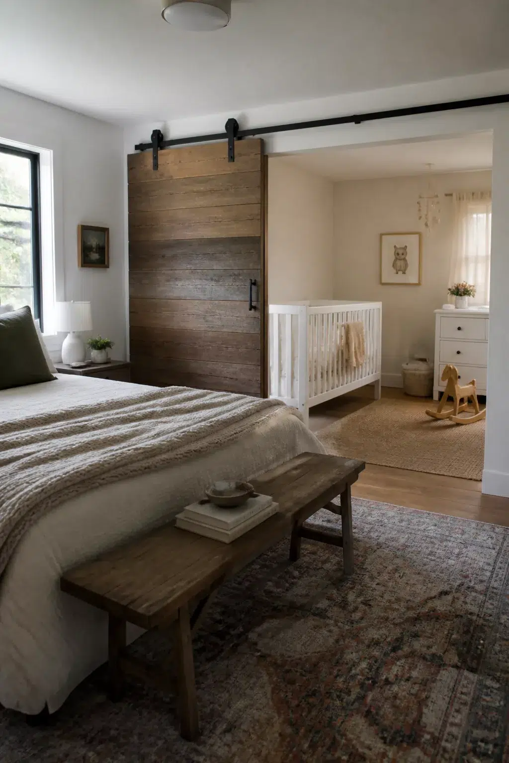 Sliding barn door separating guest room and nursery combo — dual-purpose bedroom with white crib and vintage rug