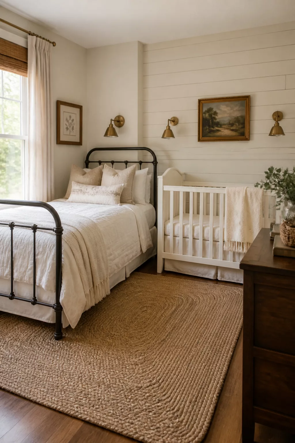 Guest room and nursery combo ideas with shiplap wall, brass sconces, iron bed, and white mini crib