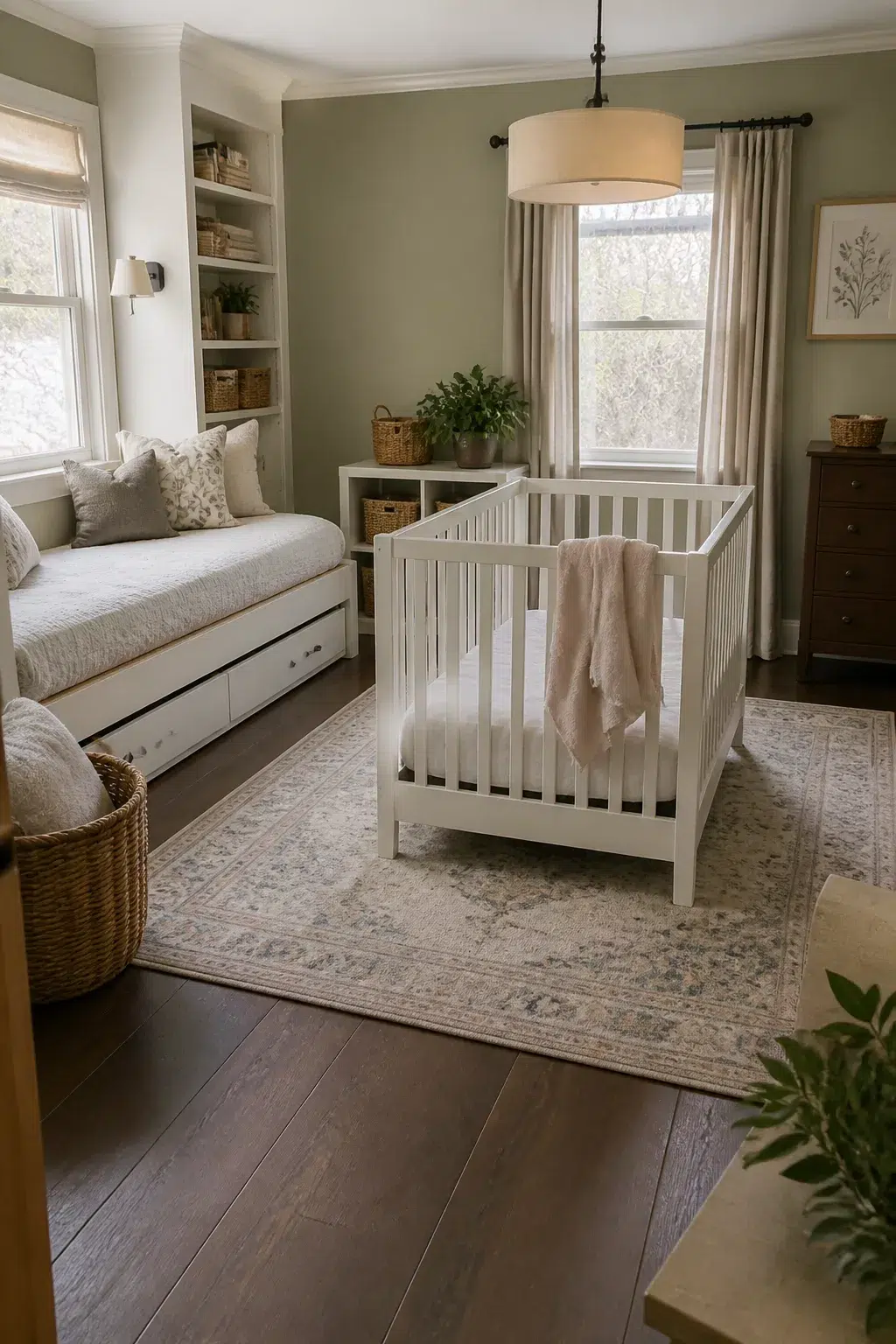Sage green guest room and nursery combo ideas with trundle daybed, white crib, and dark hardwood floors